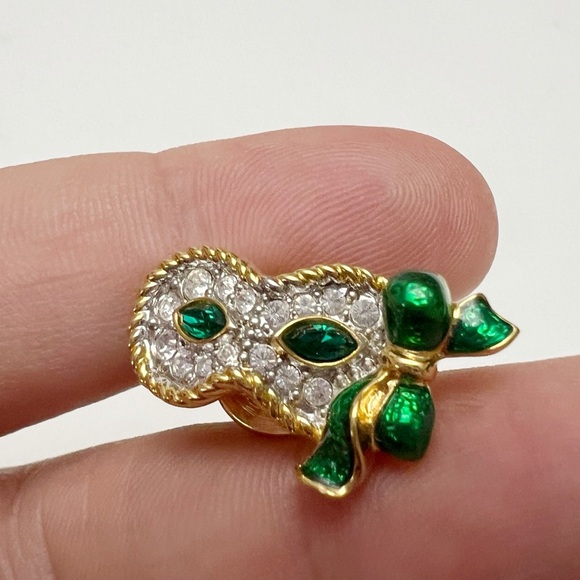 Vintage Swarovski Swan Signed Green Clear Crystal Enamel Masquerade Mask Pin - Picture 2 of 4